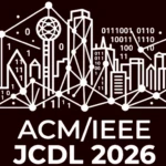 Logo of ACM/IEEE JCDL 2026: a white line drawing of the Dallas skyline, its towers joined by network nodes and edges and trailed by strings of binary digits, above the words “ACM/IEEE JCDL 2026” on a dark ground.