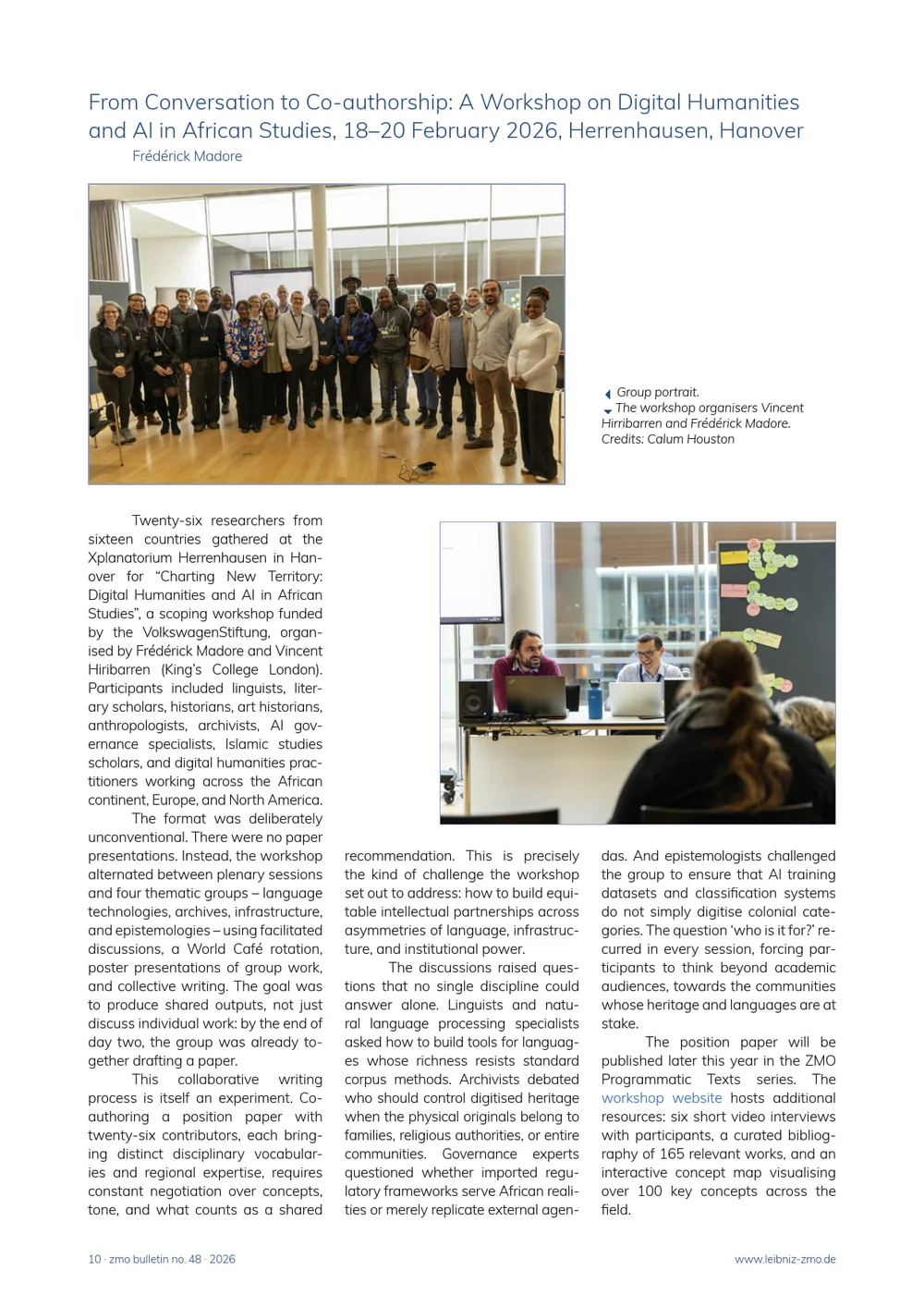 Article opening from ZMO Bulletin 48 reporting on the Charting New Territory workshop, with photos of participants and organisers at the Xplanatorium Herrenhausen