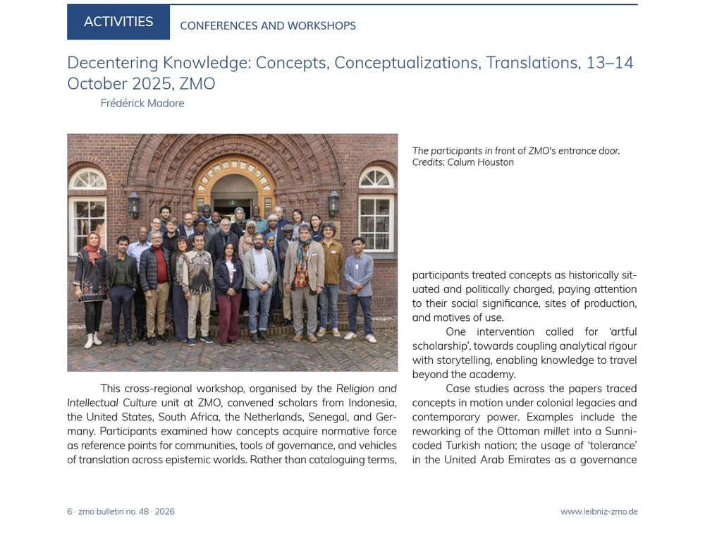 Article opening from ZMO Bulletin 48 reporting on the Decentering Knowledge workshop, with a group portrait of participants in front of ZMO